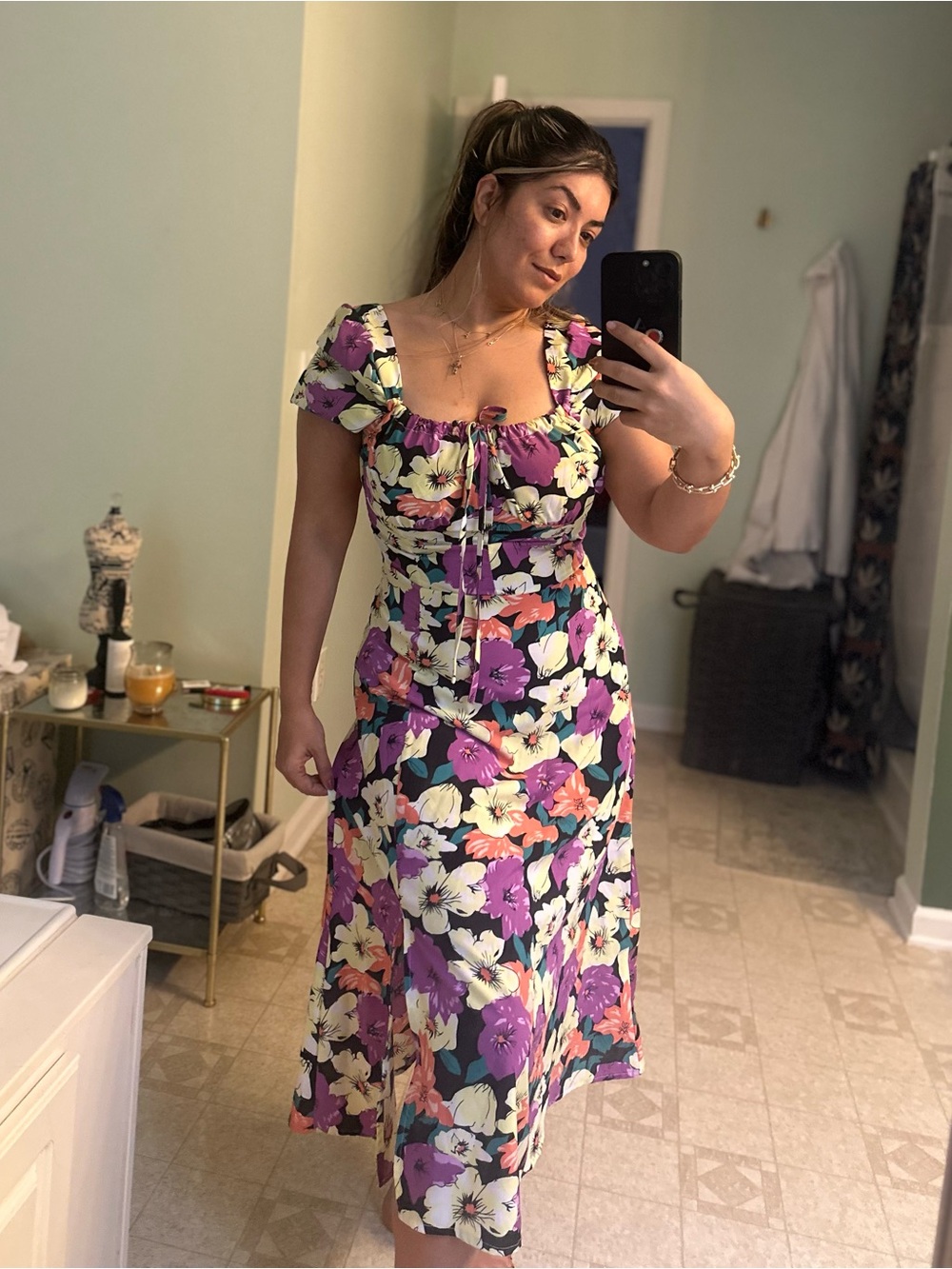 Vintage Purple Multi Floral Midi Dress with Puff Sleeves
